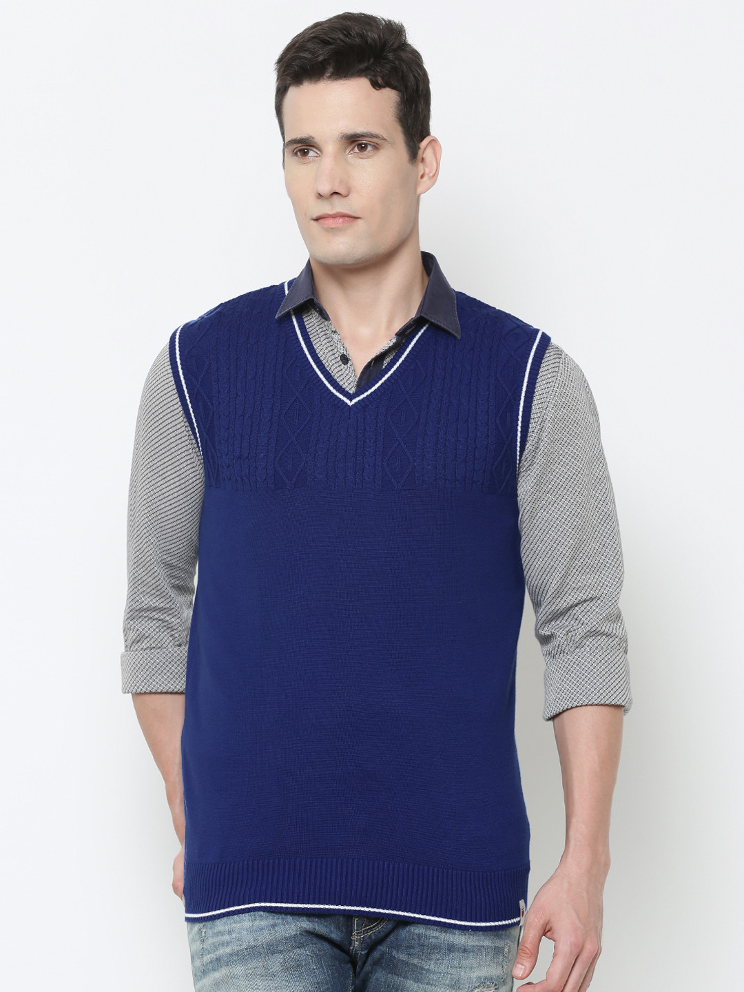 Louis Philippe Sport Men Blue Self-Design Sleeveless Sweater