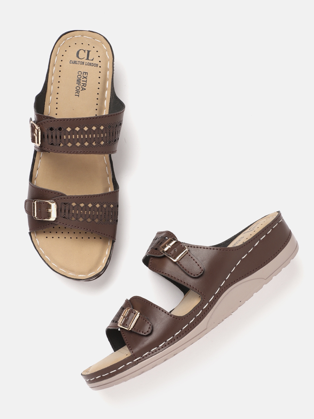 Carlton London Women Brown Solid Flatform Heel Sandals with Laser cut detail