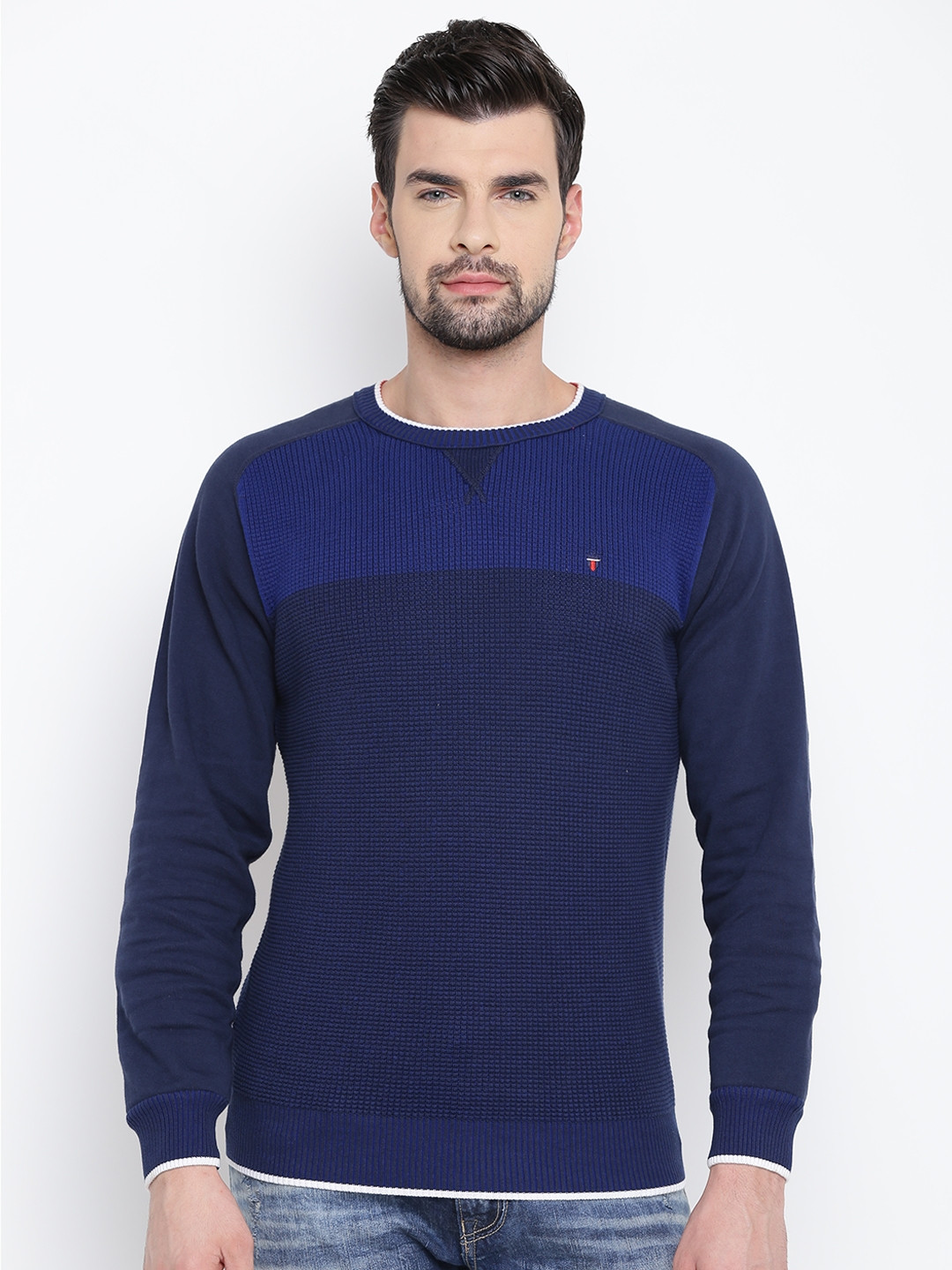 Louis Philippe Sport Men Blue Self Design Sweater