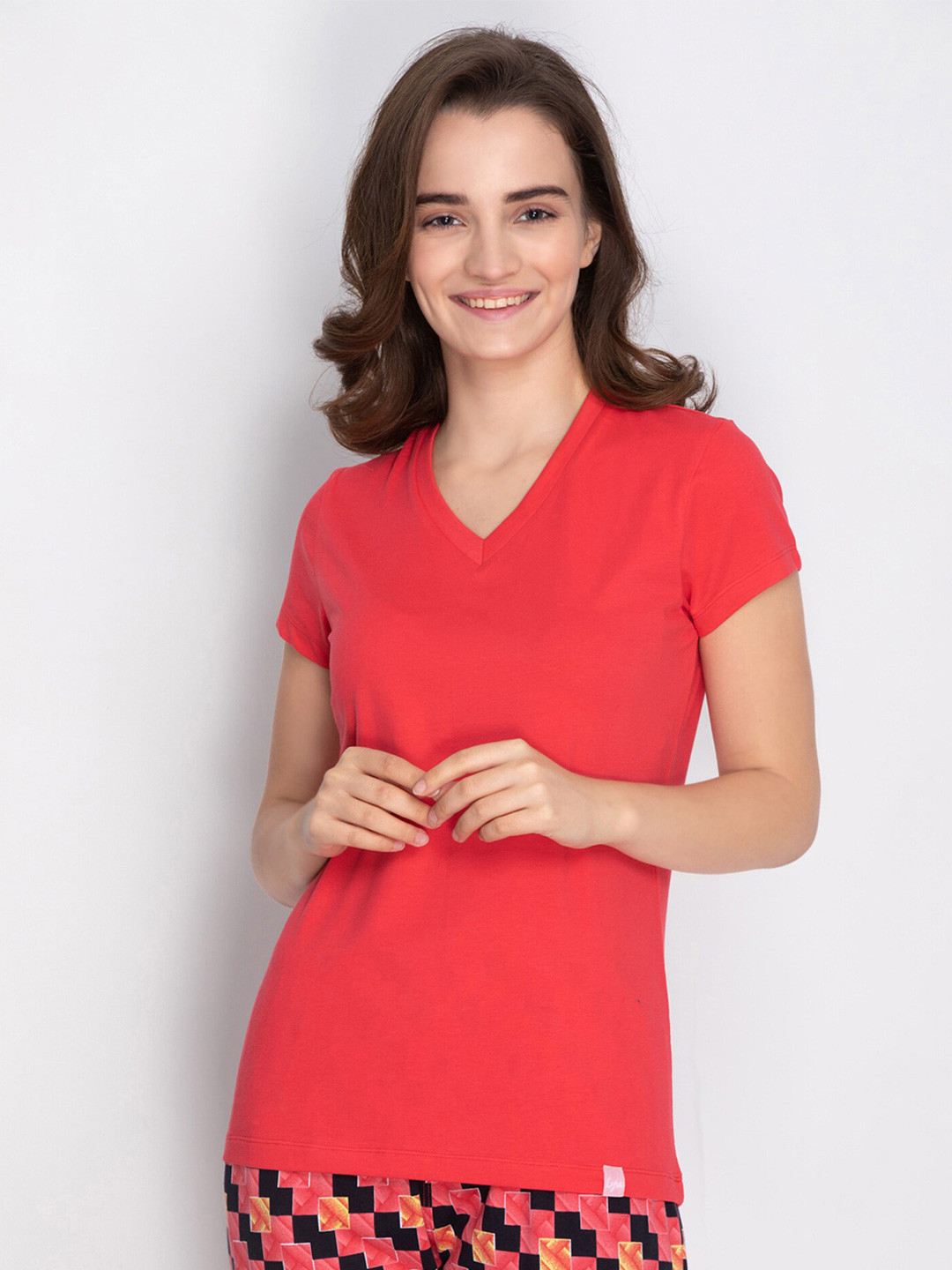 LYRA Women Red V-Neck T-shirt