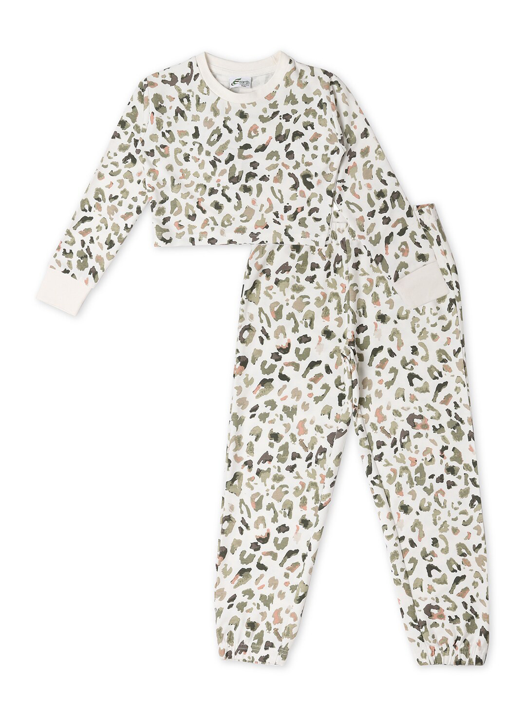 earth conscious Girls Off White & Green Printed Pure Cotton Top with Trousers