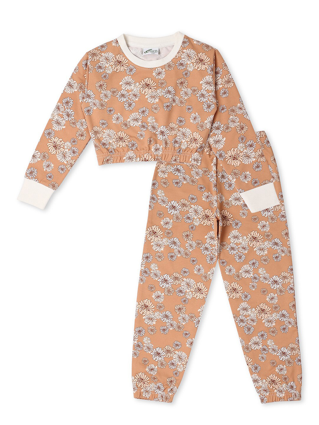 earth conscious Girls Peach-Coloured & White Printed Pure Cotton Top with Trousers