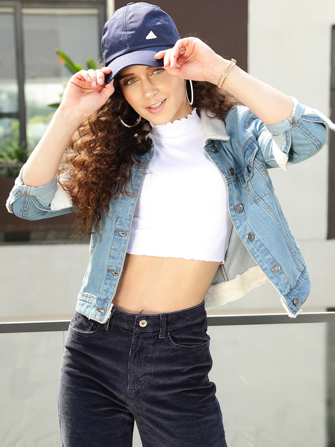 STREET 9 Women Blue White Washed Crop Cotton Denim Jacket