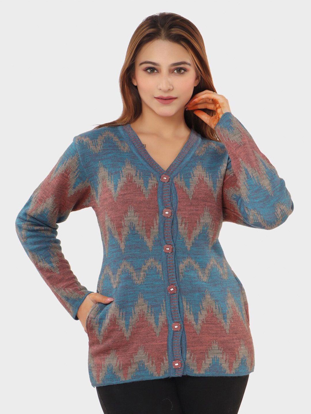 aarbee Women Turquoise Blue & Pink Printed Cardigan