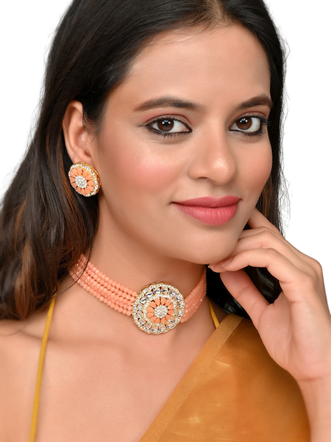 ROHINIKA Women White & Peach Kundan Stubbed & Braded Jewellery Set