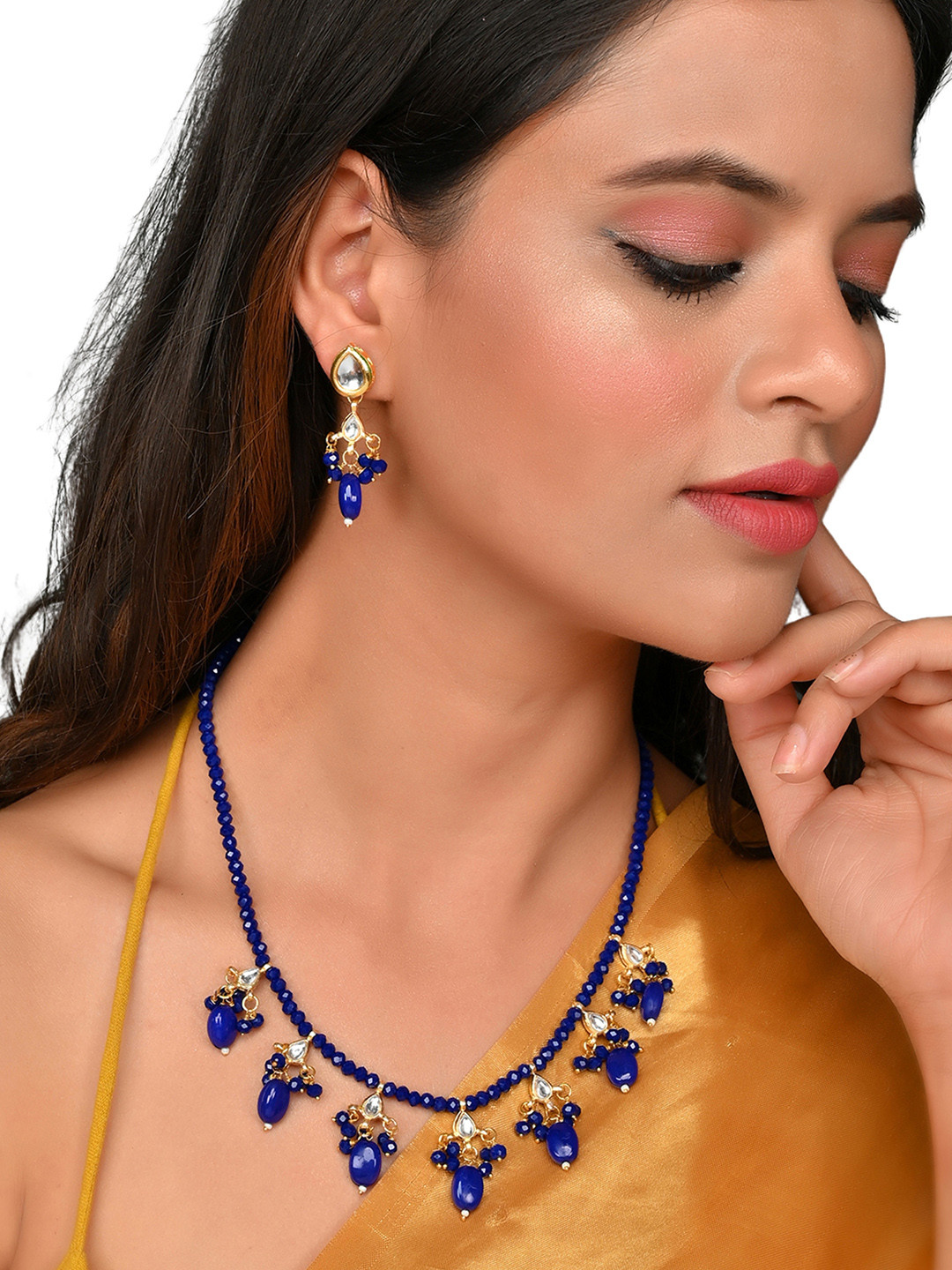 ROHINIKA Gold-Plated Blue Kundan Studded & Artificial Beaded Jewellery Set