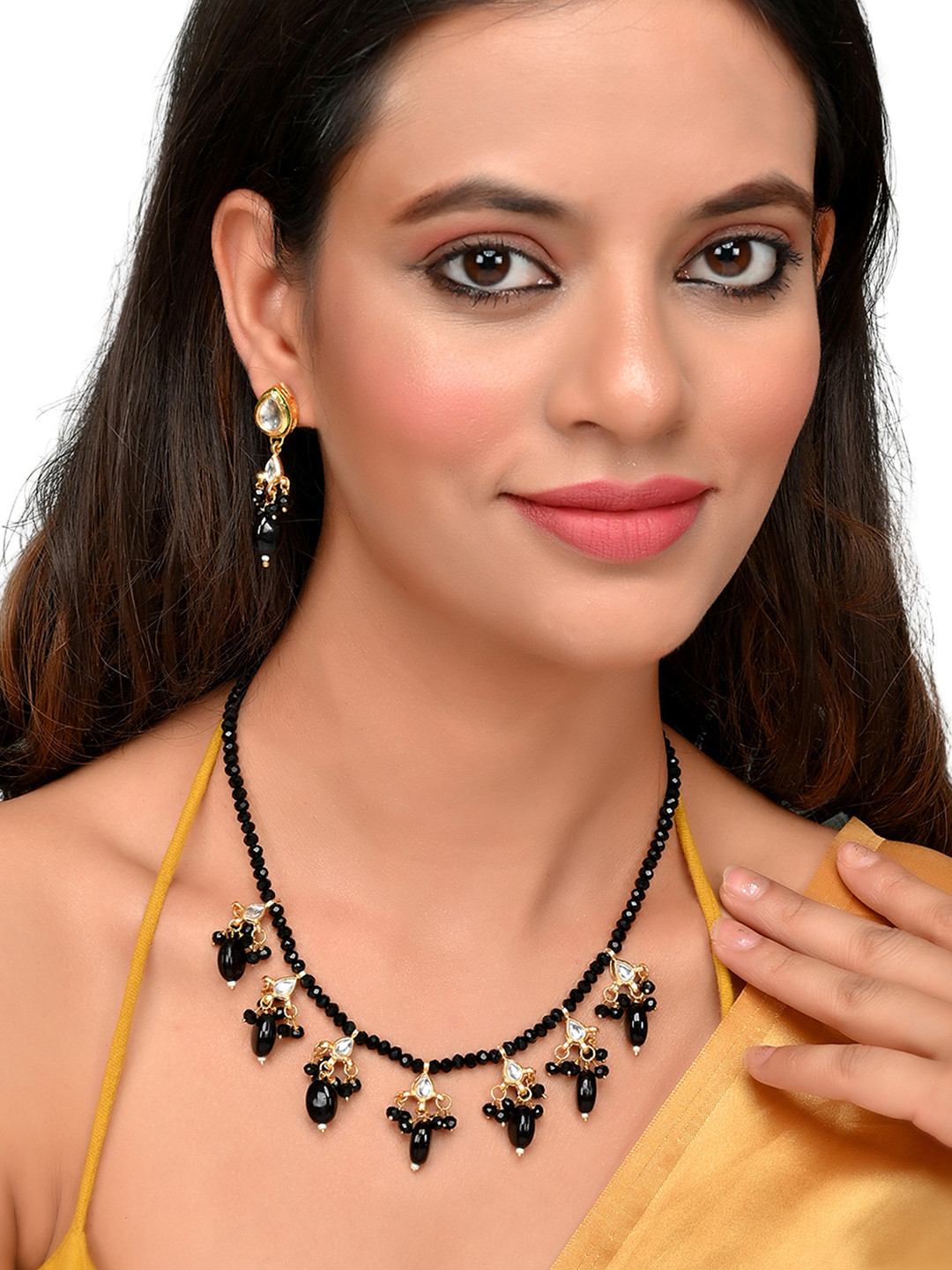 ROHINIKA Gold-Plated Black & White Kundan Studded & Beaded Jewellery Set
