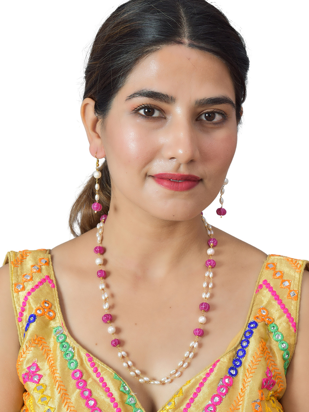 ROHINIKA Gold-Plated Pink & White Crystal Beaded Jewellery Set