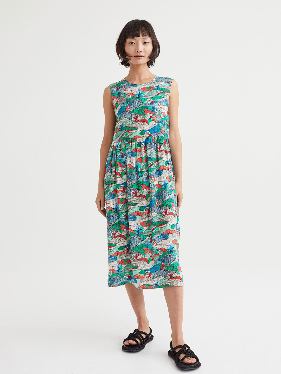 H&M Women Green & White Sleeveless dress