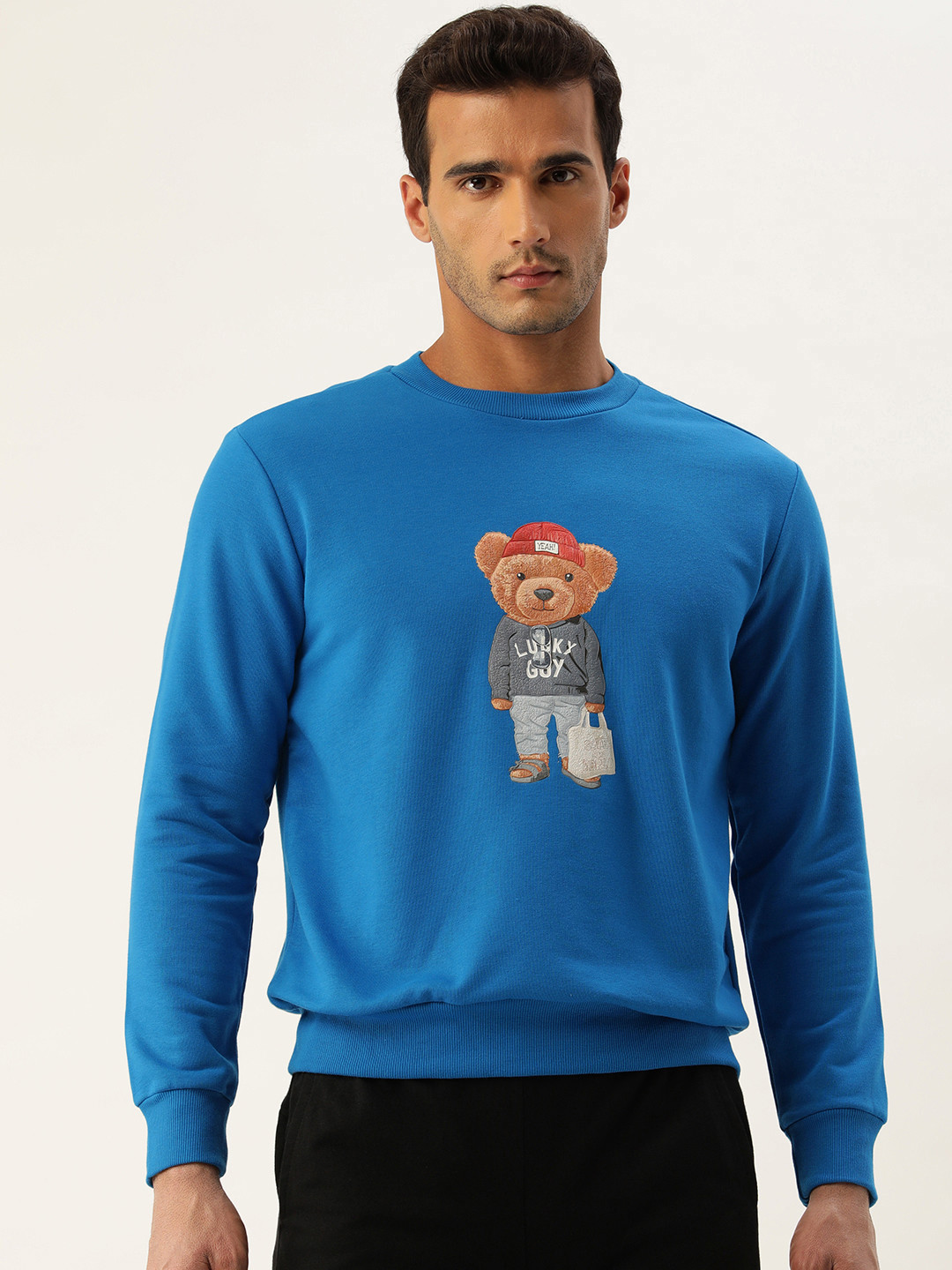FOREVER 21 Men Blue Graphic Printed Applique Round Neck Sweatshirt