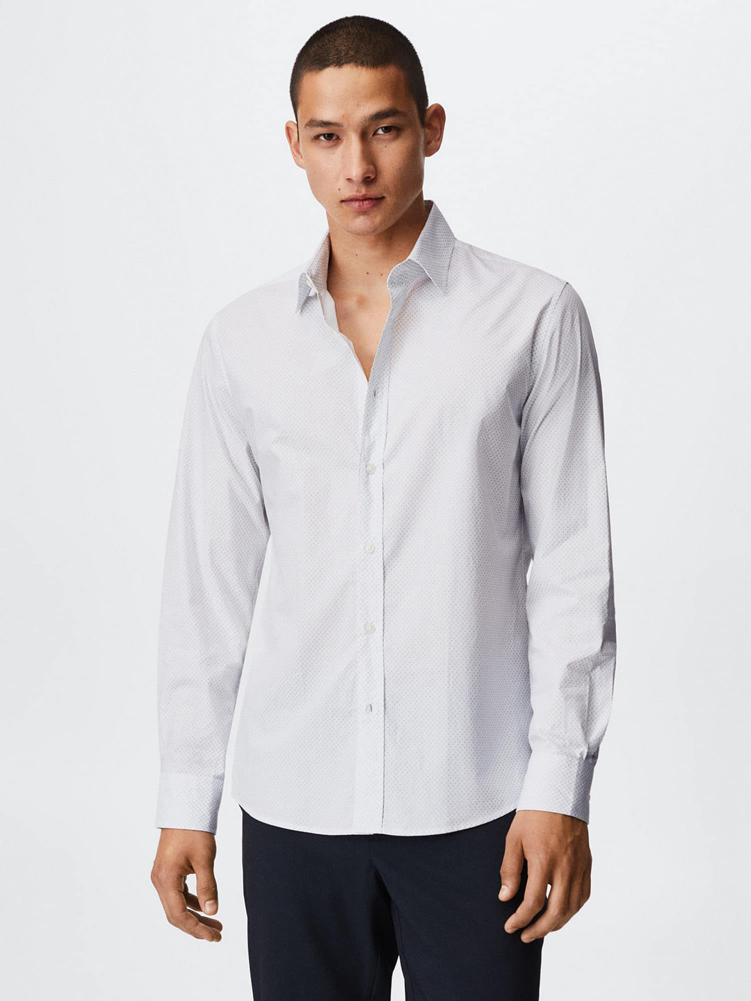 MANGO MAN White & Blue Slim Fit Printed Pure Cotton Sustainable Casual Shirt