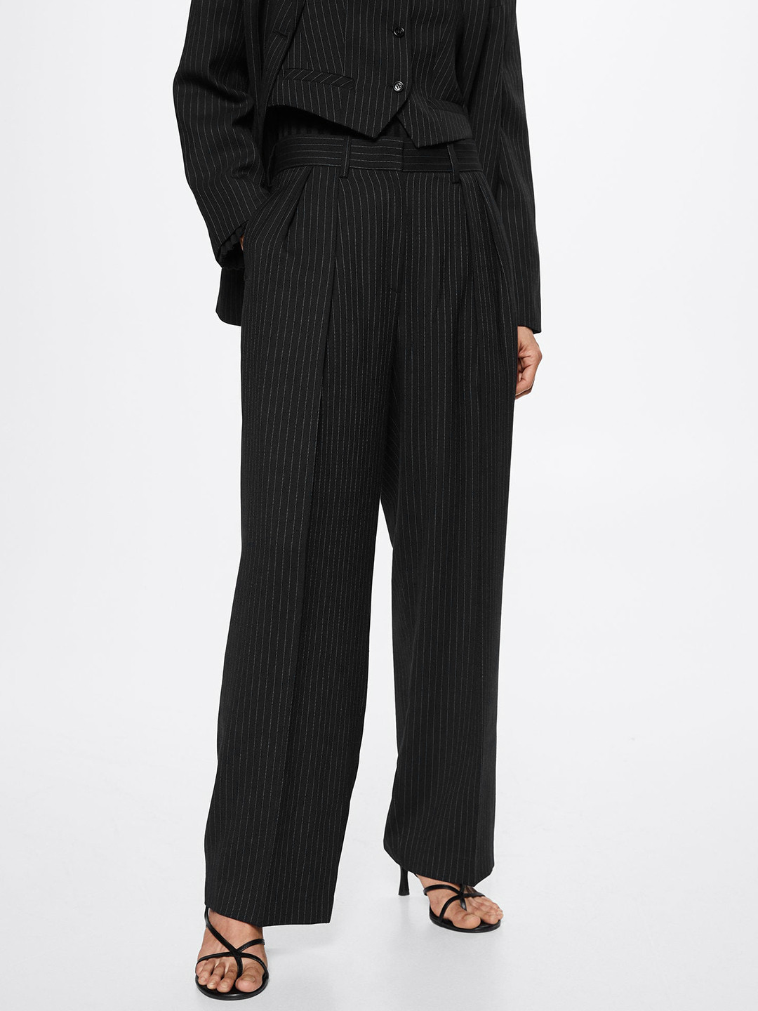 MANGO Women Navy Blue Pinstripe Pleated Woollen Sustainable Trousers