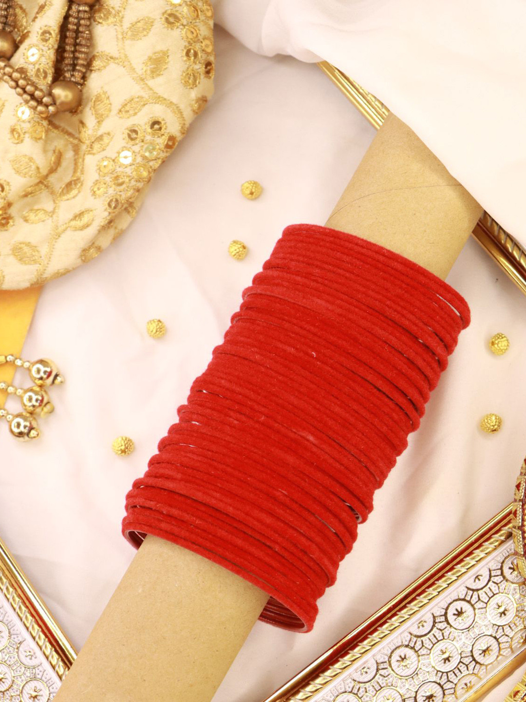 I Jewels Women Set of 48 Red Metal Velvet Bangles