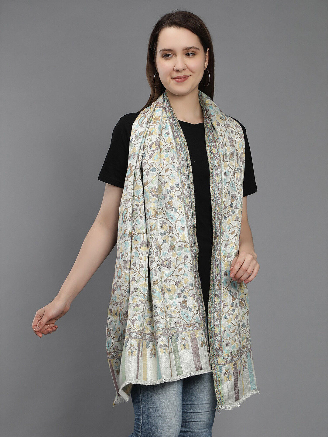 Aditi Wasan Off White & Blue Ethnic Motifs Kalamkari Stole