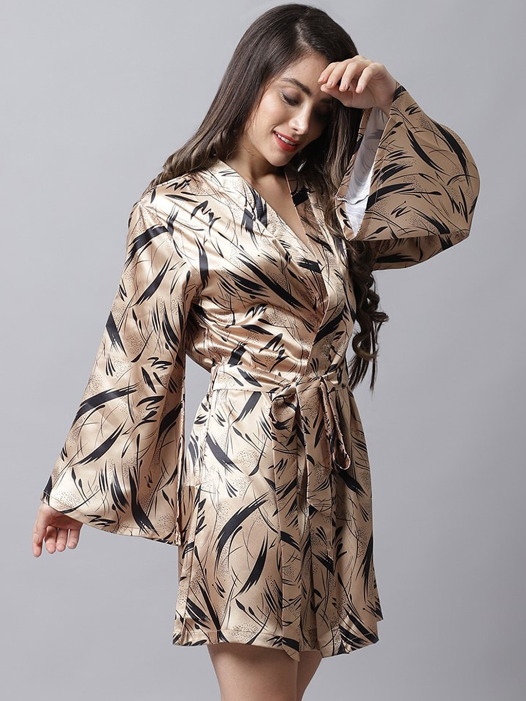 Claura Women Gold-Toned Printed Satin Robe