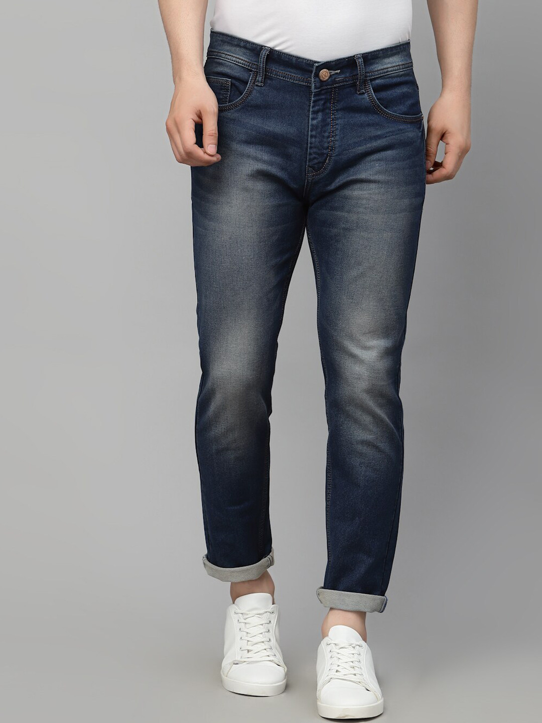 FEVER Men Blue Cropped Slim Fit Heavy Fade Dark Shade Stretchable Jeans