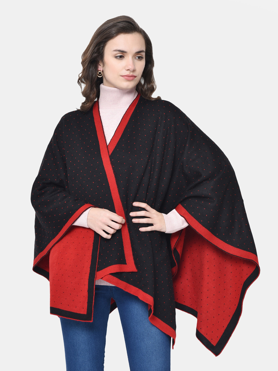 Bharatasya Women Red & Black Woven Design Knitted Shawl