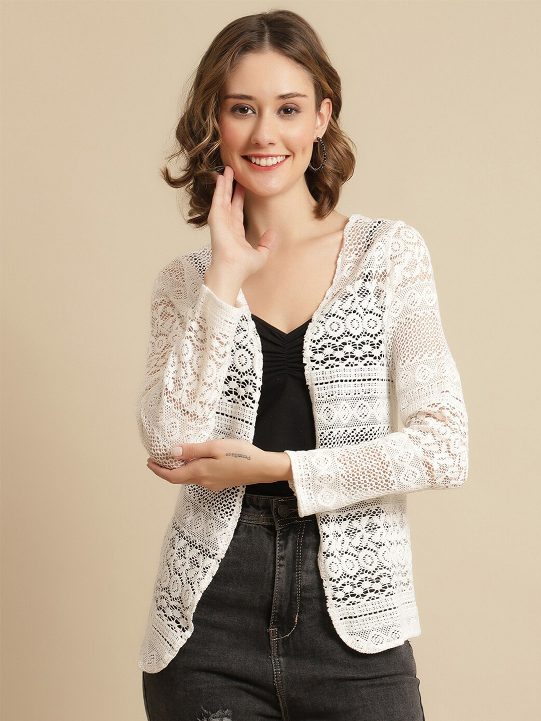 UnaOne Women Off White Cotton Shrug