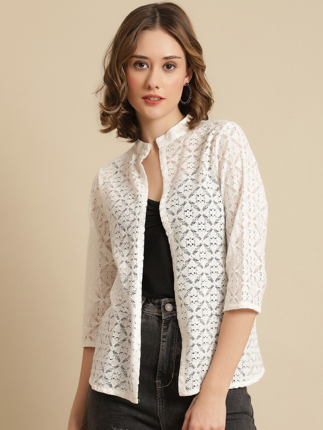 UnaOne Women Off White Open Front Collared Shrug