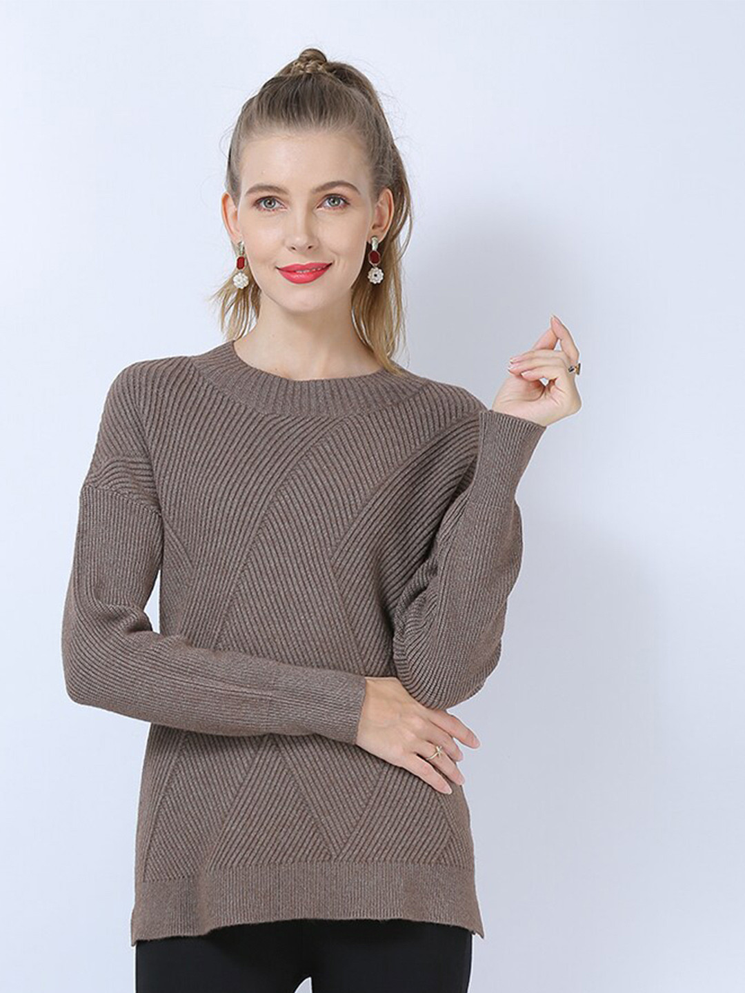 JC Collection Women Coffee Brown Ribbed Pullover