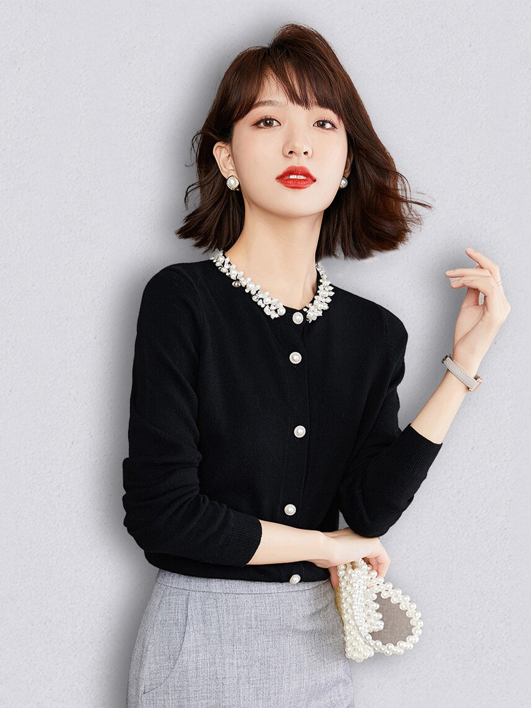 JC Collection Women Black & White Solid Cardigan with Embellished Detail