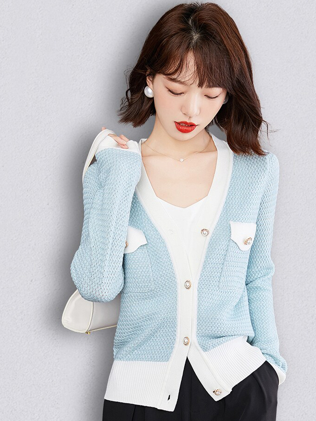 JC Collection Women Blue & White Cable Knit Cardigan