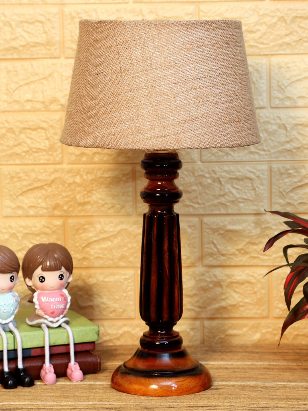 foziq Brown & Taupe Textured Frustum Shaped Table Lamp