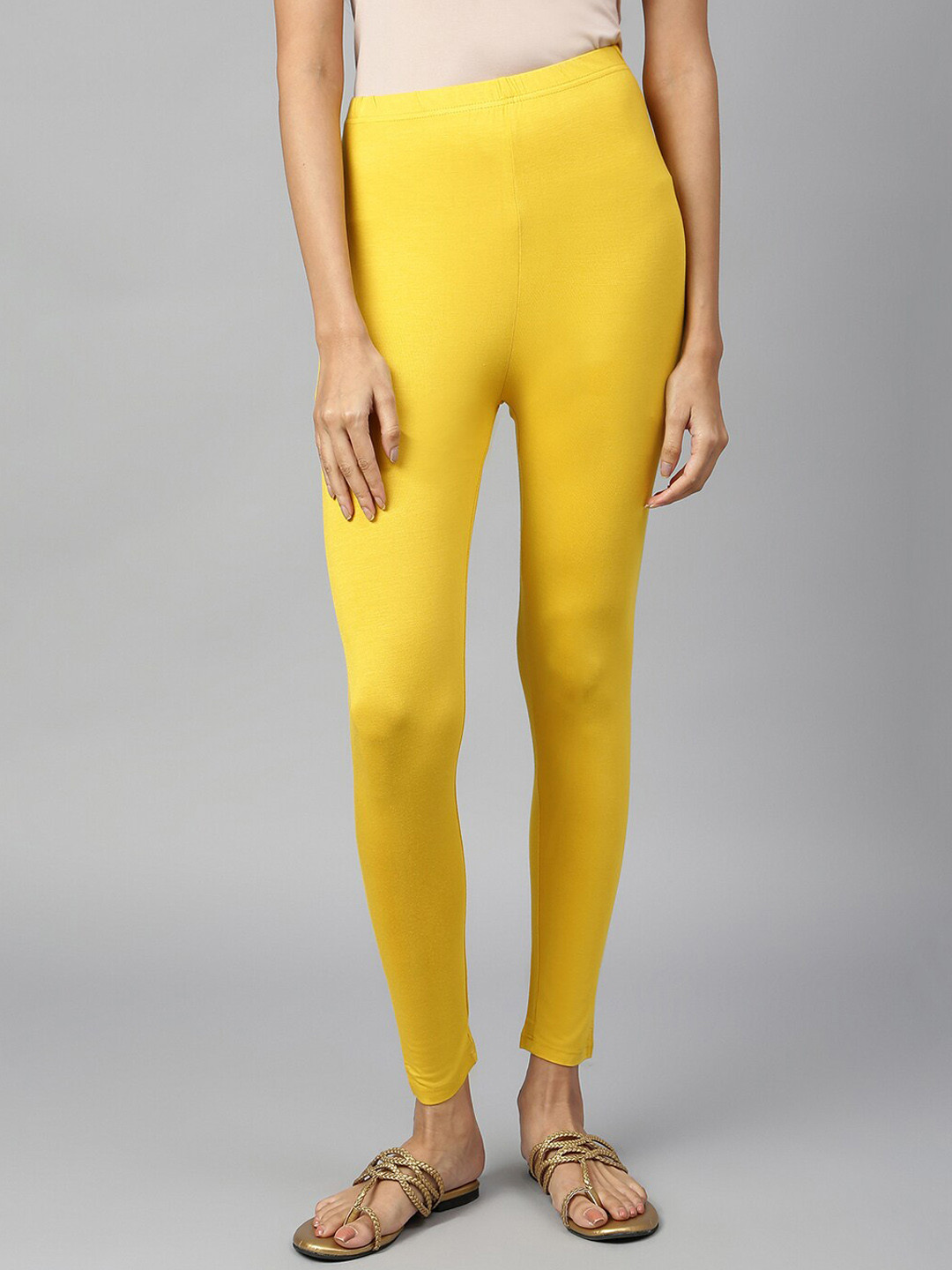 elleven Women Yellow Cotton Solid Ankle-Length Leggings