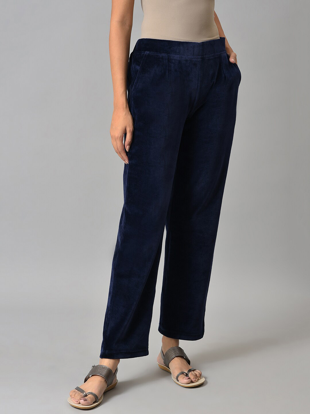 elleven Women Blue Cotton Solid Trousers