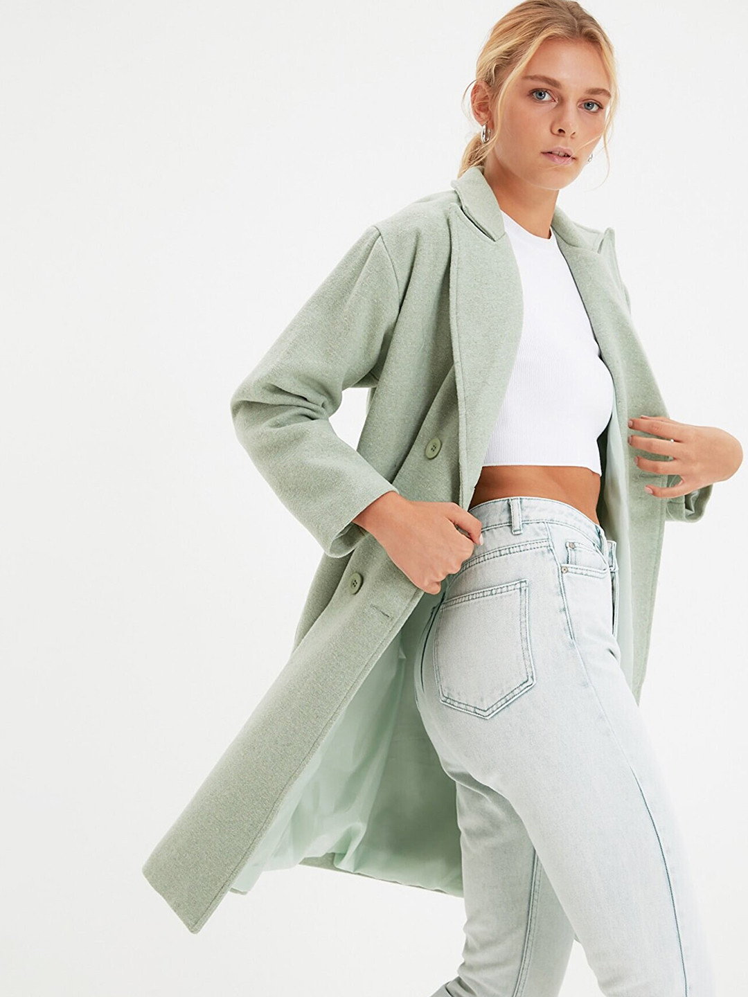 Trendyol Women Green Solid Single Breasted Trench Coat