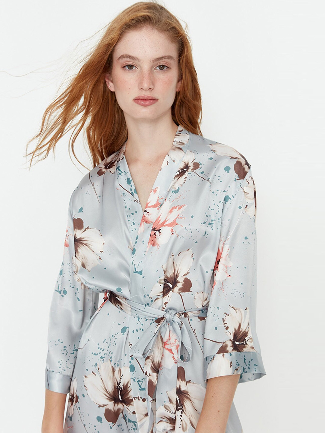 Trendyol Blue Floral Polyester Drawstring Mini Bath Robe