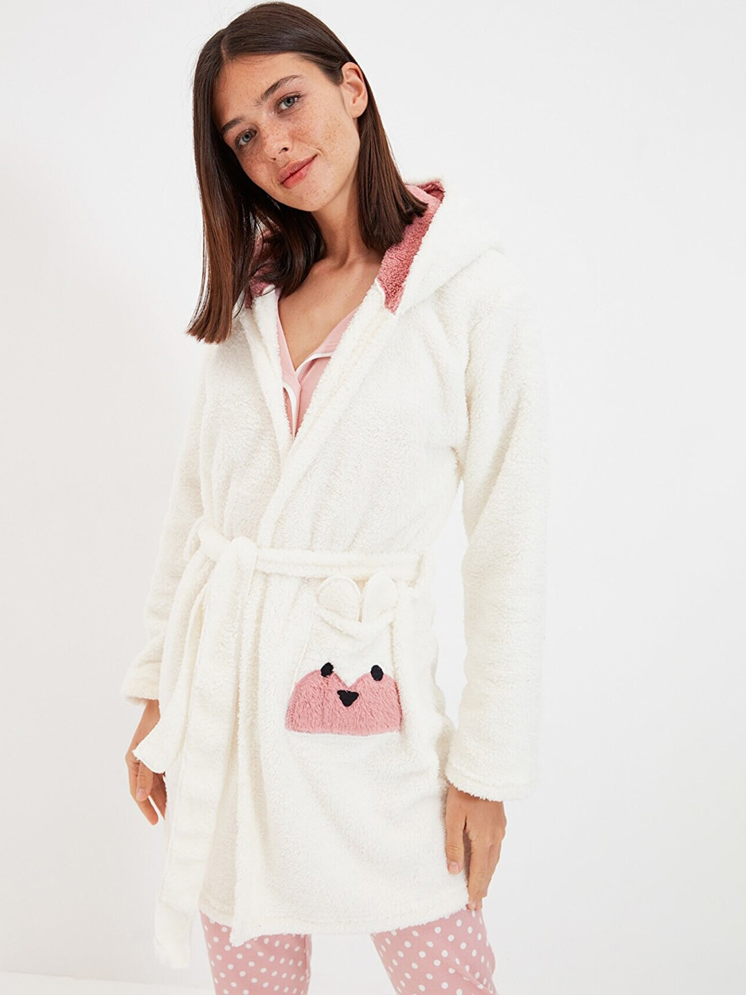 Trendyol Women Off White Solid Hooded Overcoat