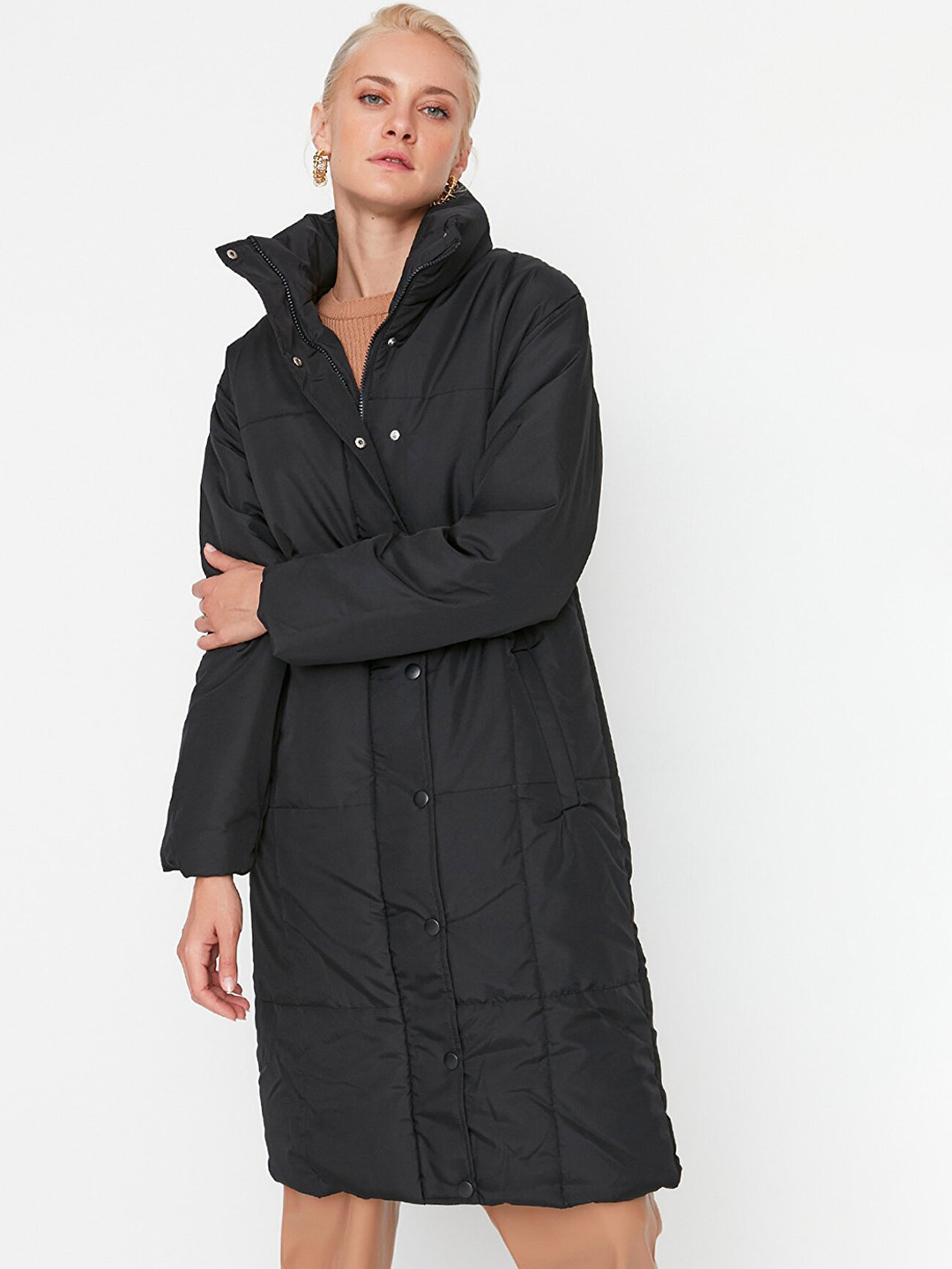 Trendyol Women Black Solid Padded Overcoat