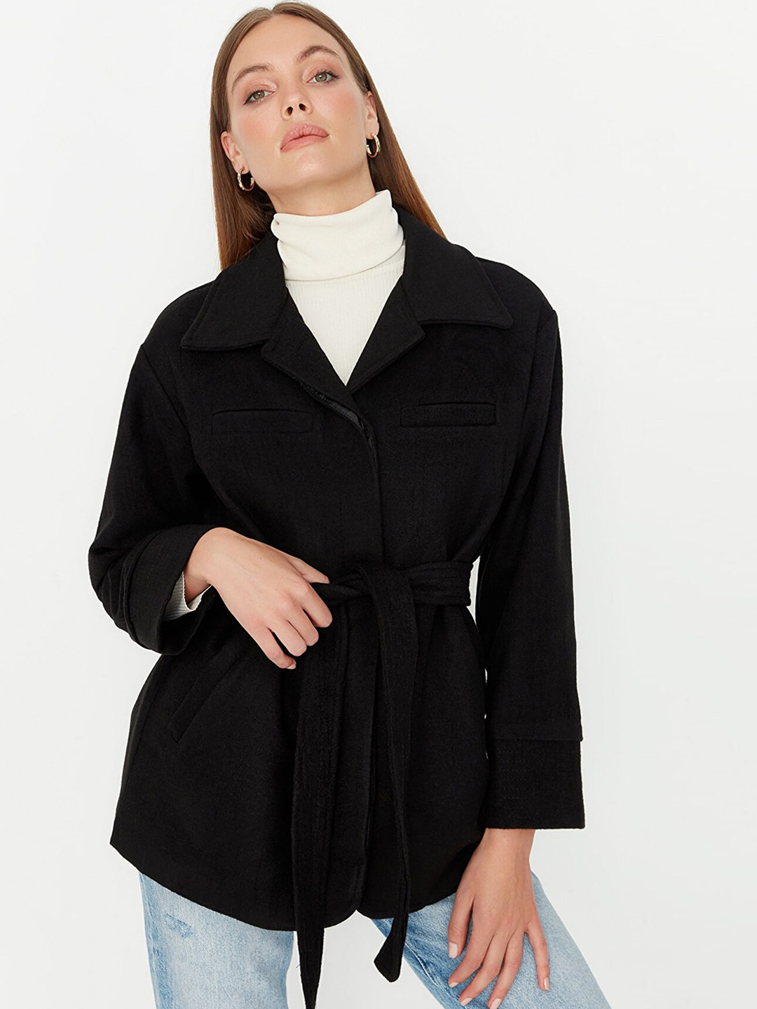 Trendyol Women Black Solid Cotton Coat