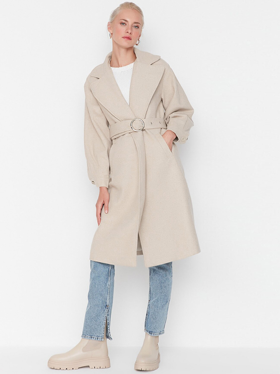 Trendyol Women Beige Solid Double-Breasted Trench Coat