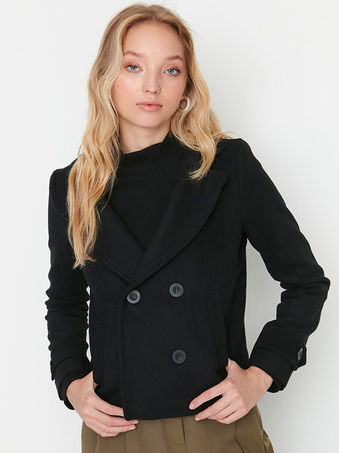 Trendyol Women Black Solid Double Breasted Coat