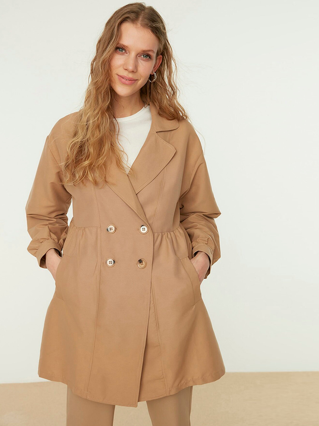 Trendyol Women Brown Solid Polyester Double Breasted Coat