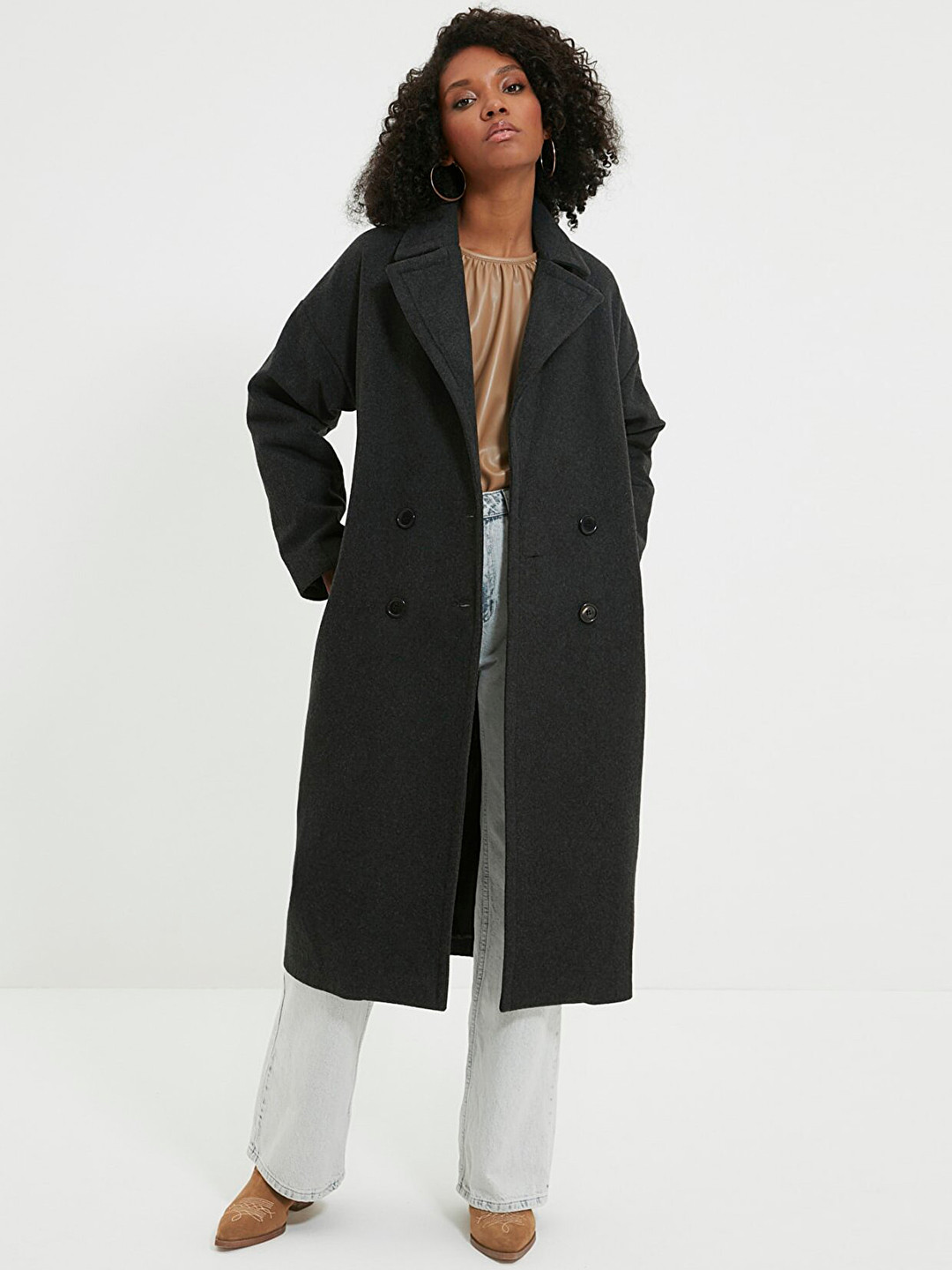 Trendyol Women Charcoal Grey Solid Trench Coat