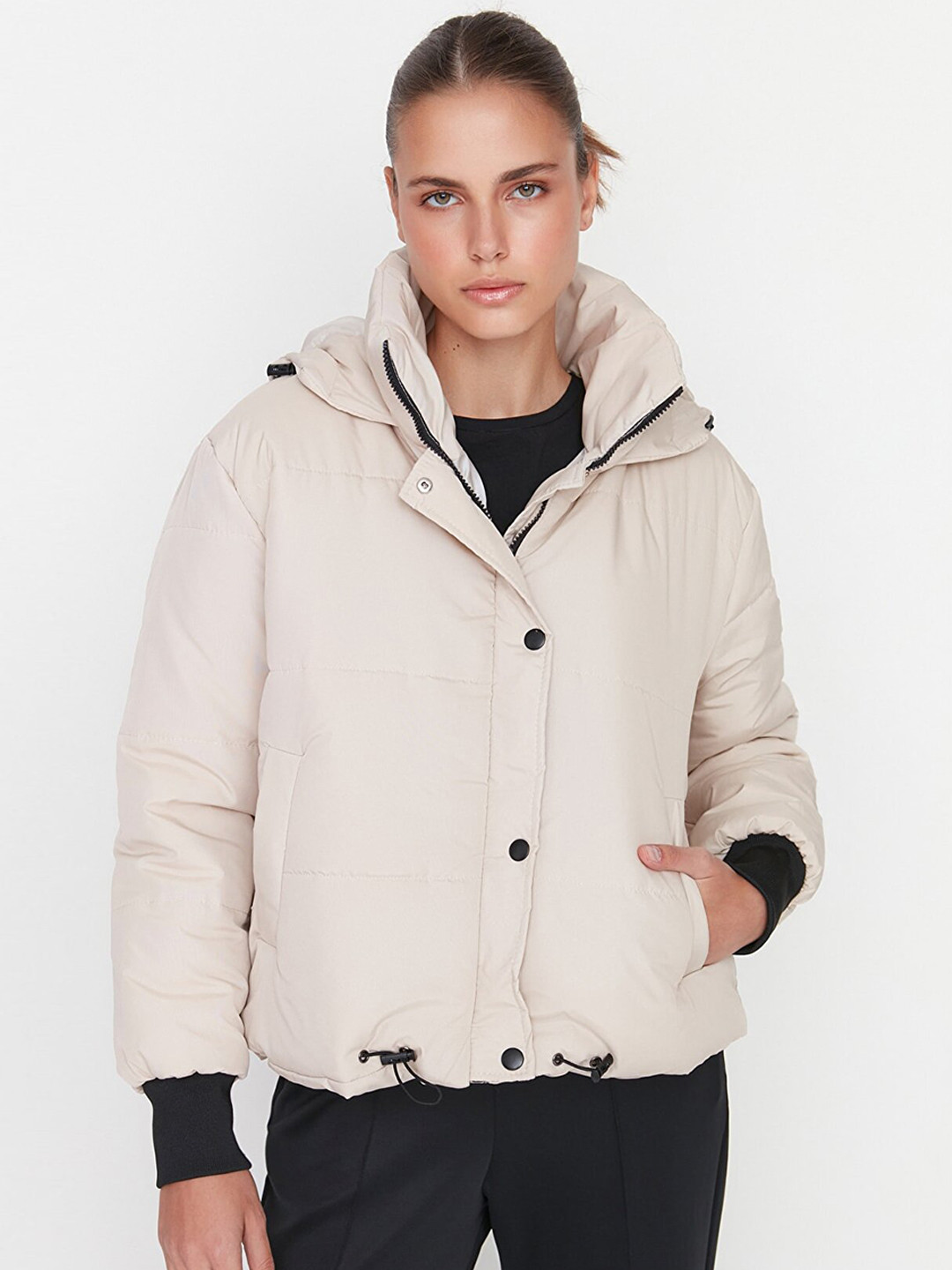 Trendyol Women Beige Solid Double-Breasted Parka