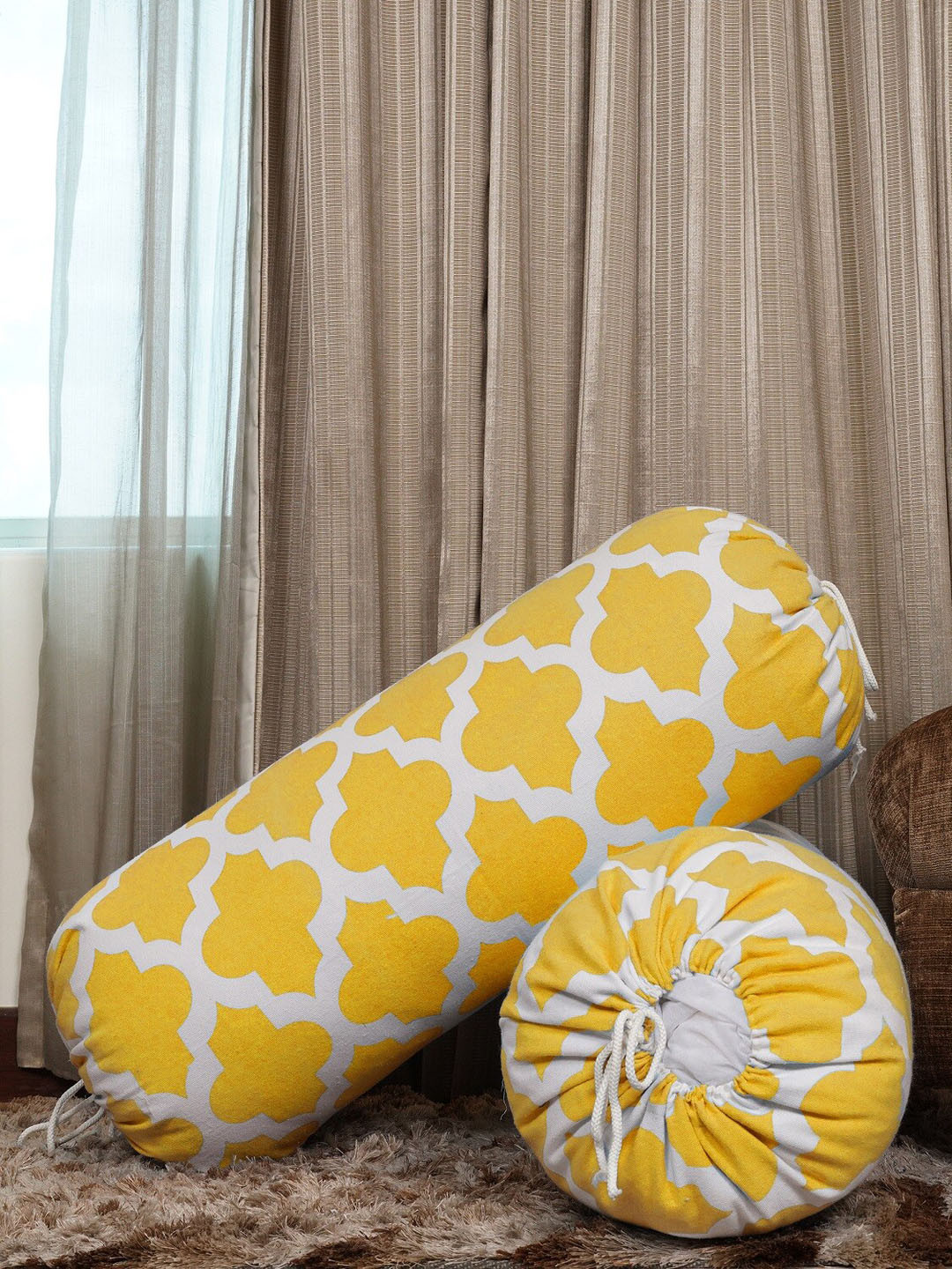 HOMEMONDE Set Of 2 Yellow Printed Cotton Bolster Covers