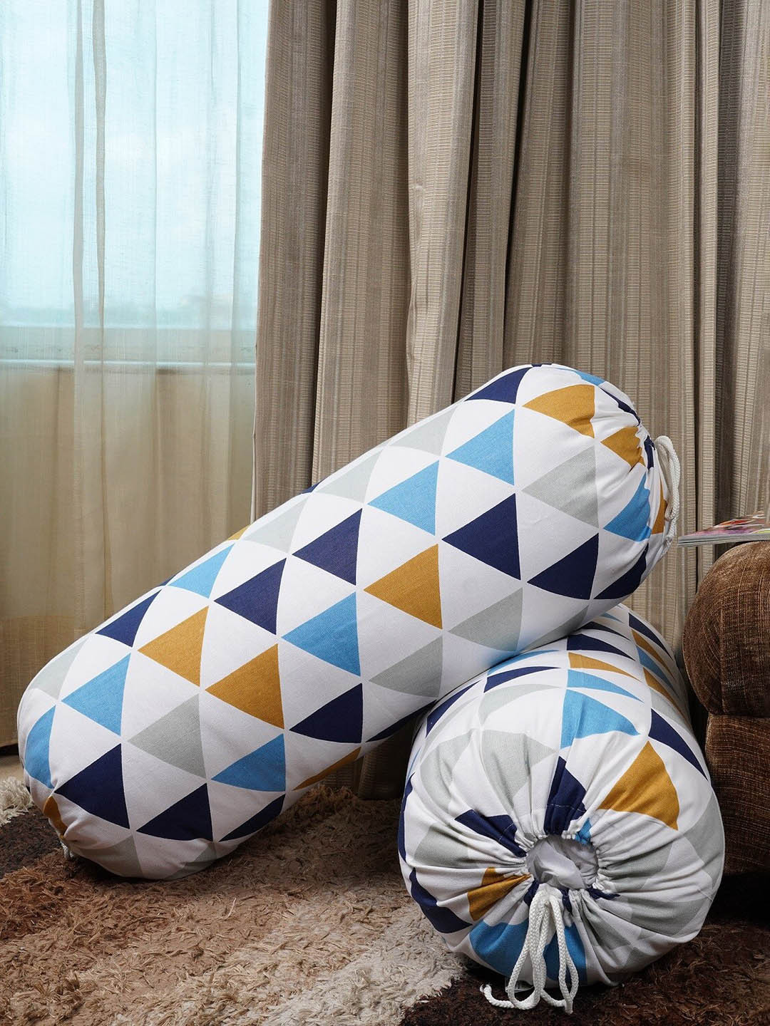 HOMEMONDE Blue & White 2Pcs Printed Cotton Bolster Covers