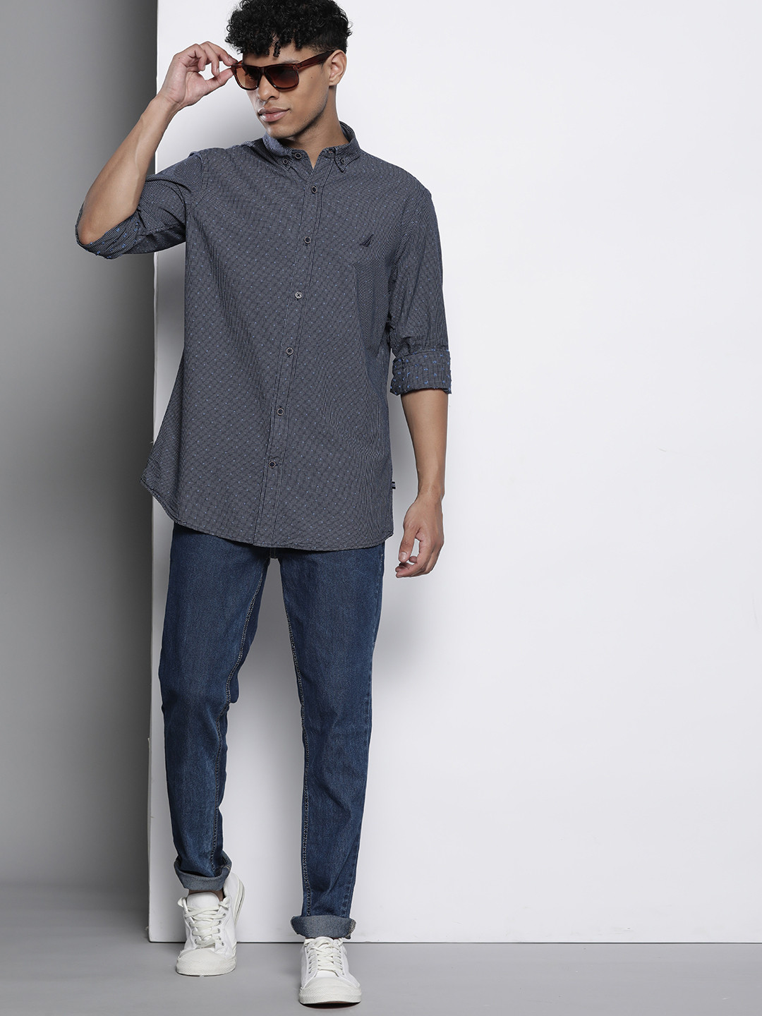 Nautica Micro-Checked Thread Work Detailed Pure Cotton Casual Shirt