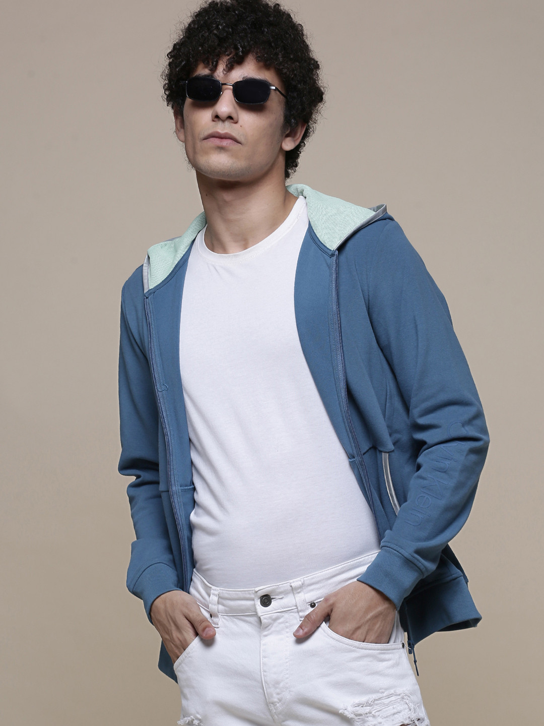 Calvin Klein Jeans Men Blue Front-Open Solid Hooded Sweatshirt