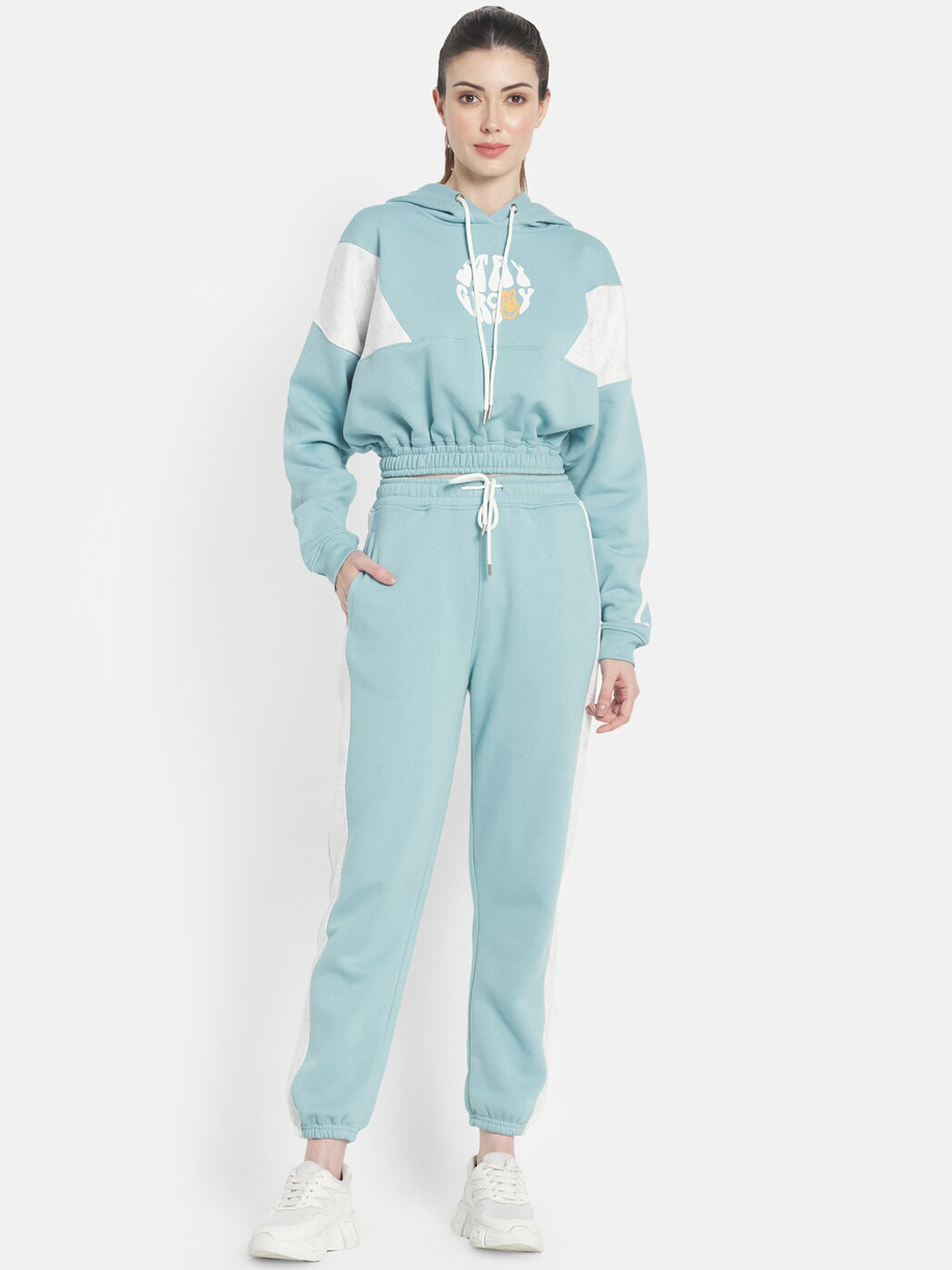 METTLE Women Plus Size Blue & White Printed Tracksuits