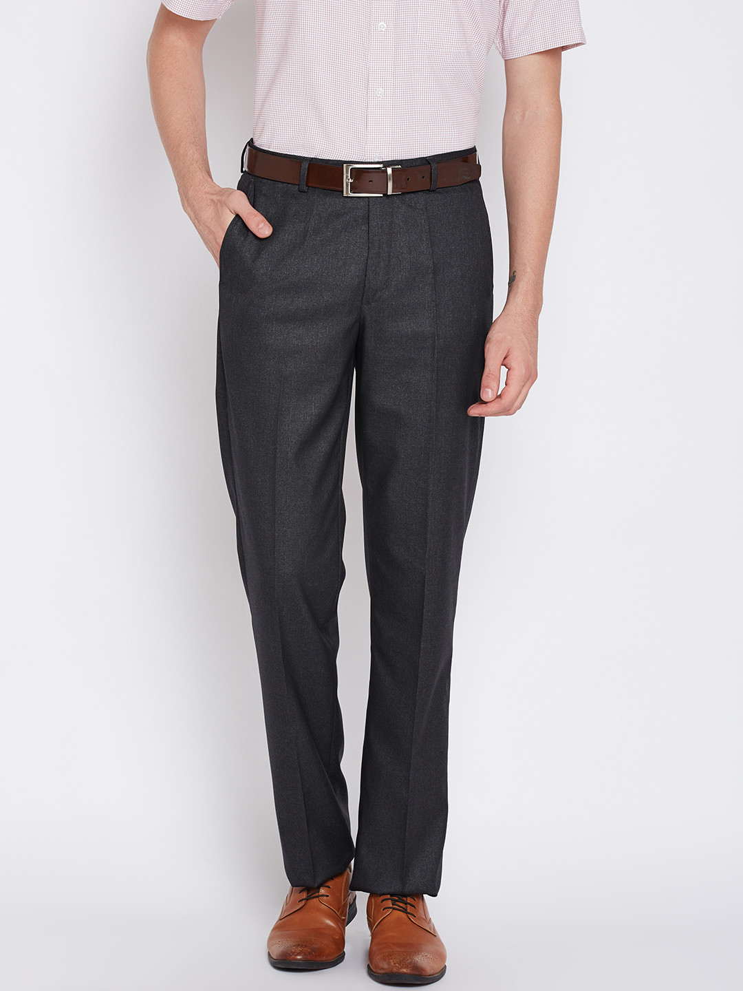 Wills Lifestyle Men Charcoal Grey Solid Formal Trousers