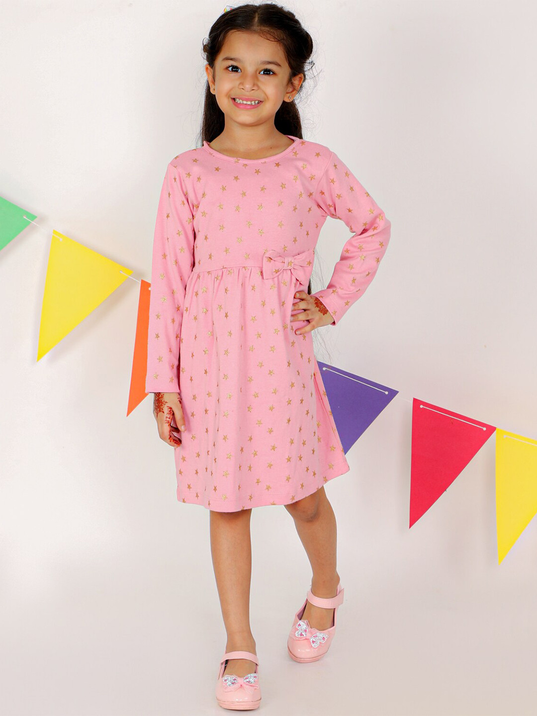 The Mom Store Girls Pink & Gold-Toned Fit and Flare Cotton Dress