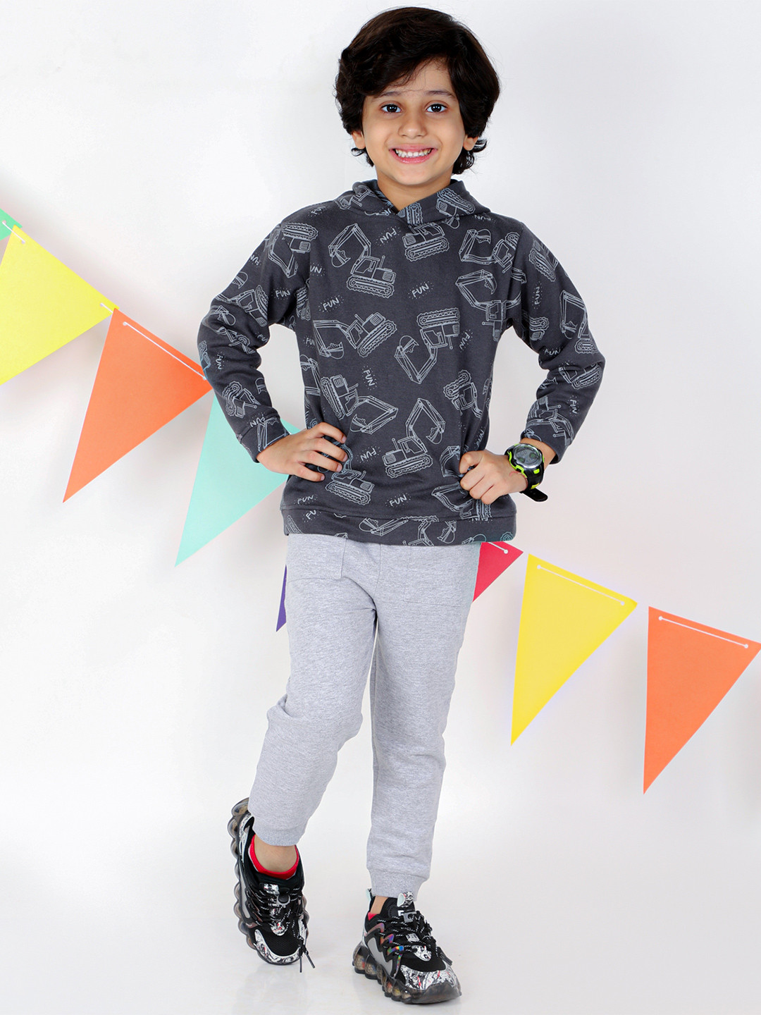 The Mom Store Unisex Grey Printed Pure Cotton Hooded Sweatshirt