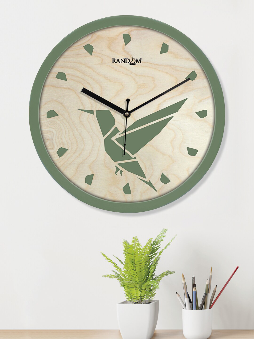 RANDOM Green & Beige Printed Contemporary Round Wooden Wall Clock RC-8068