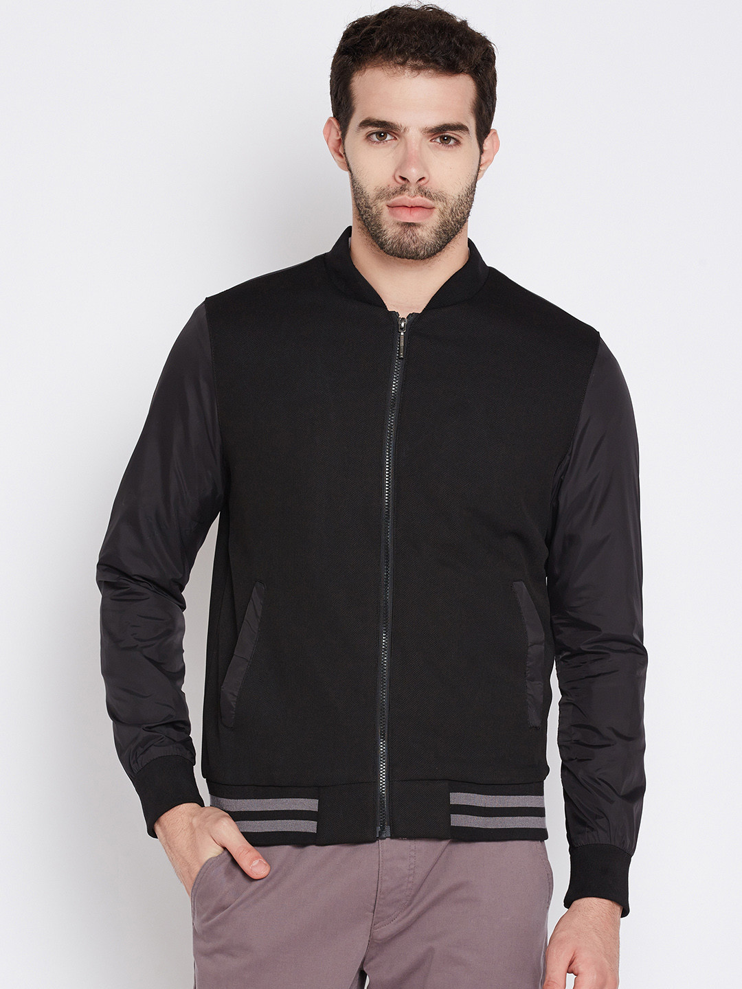 Wills Lifestyle Men Black Solid Bomber Jacket