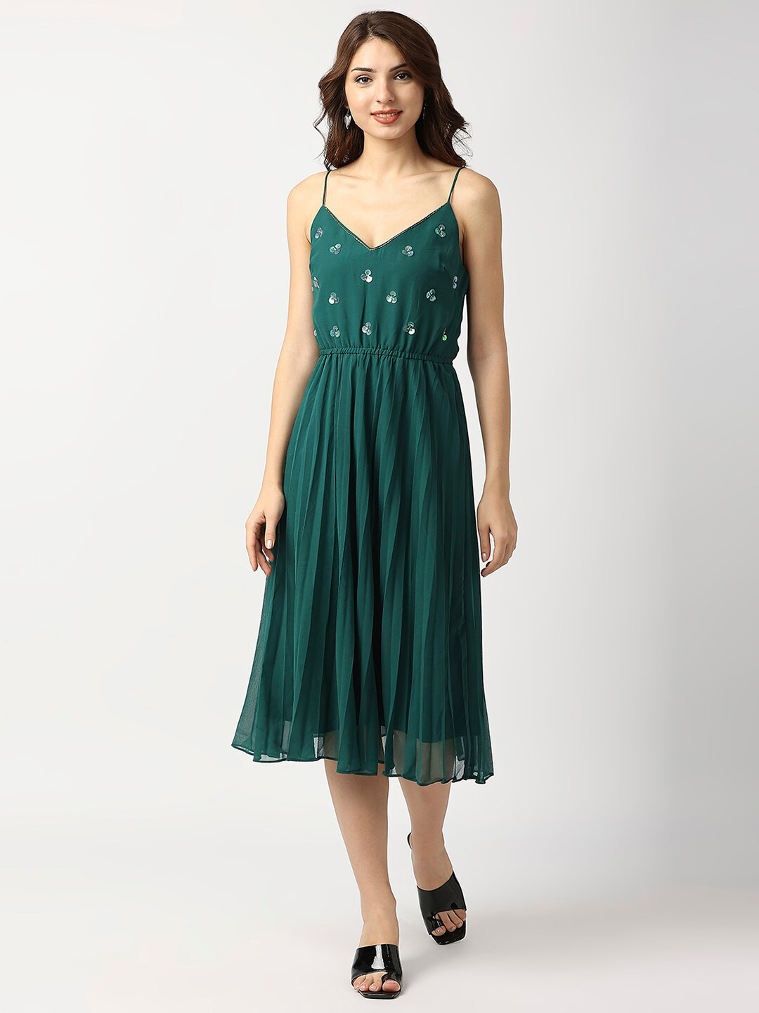 aaliya Green Embellished Georgette Midi Shoulder Strap Dress